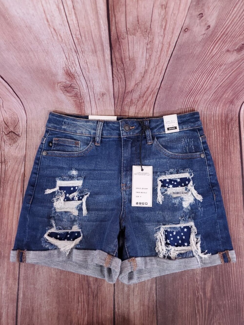 NWT Judy Blue Womens Small Star Spangled Distressed Mid Rise Denim Shorts